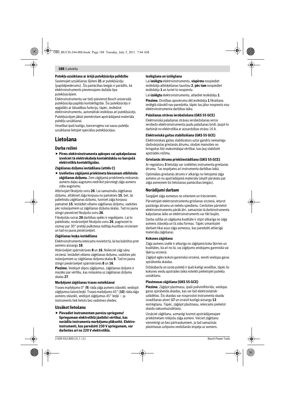 Lietošana | Bosch GKS Professional 55 User Manual | Page 188 / 213