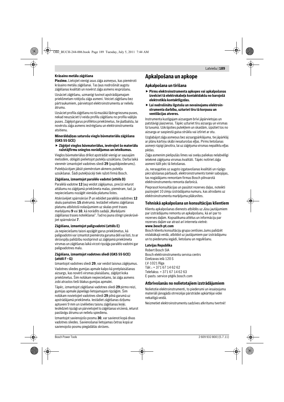 Apkalpošana un apkope | Bosch GKS Professional 55 User Manual | Page 189 / 213