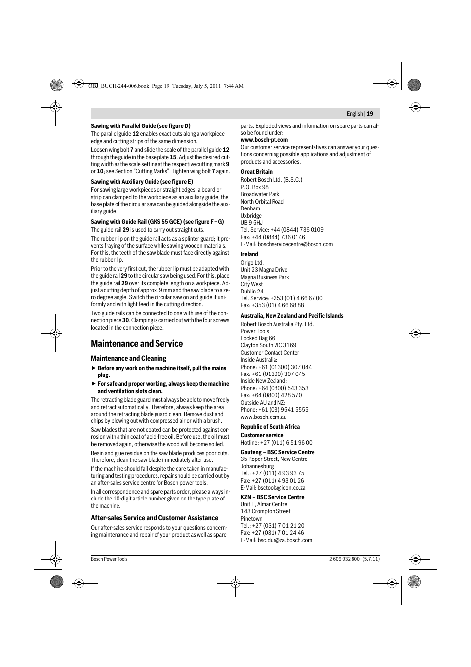 Maintenance and service | Bosch GKS Professional 55 User Manual | Page 19 / 213