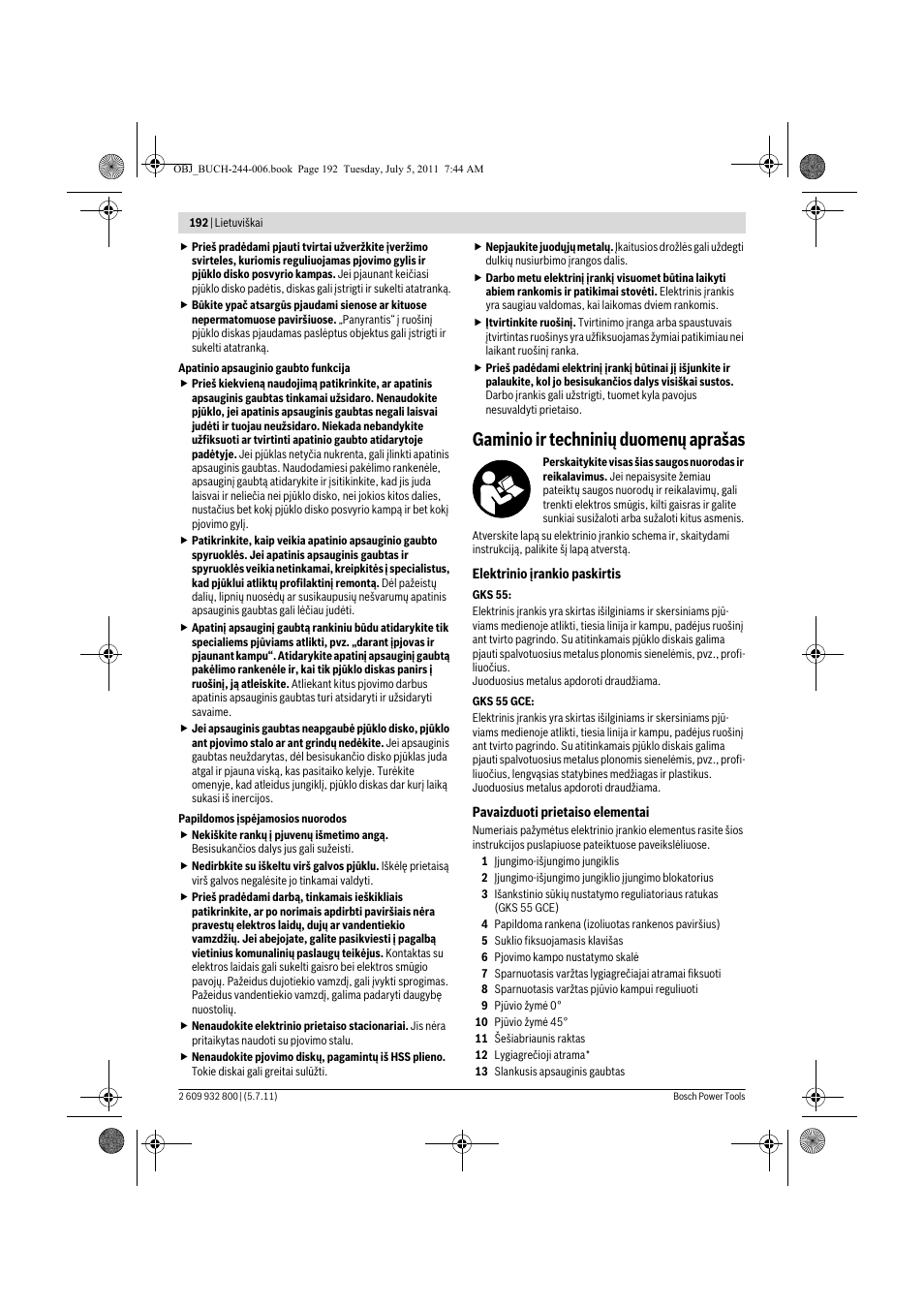 Gaminio ir techninių duomenų aprašas | Bosch GKS Professional 55 User Manual | Page 192 / 213