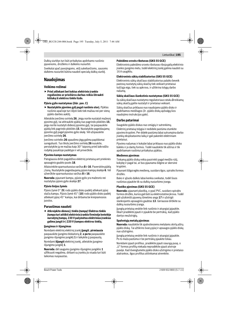 Naudojimas | Bosch GKS Professional 55 User Manual | Page 195 / 213