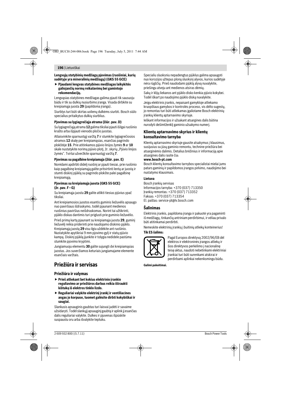 Priežiūra ir servisas | Bosch GKS Professional 55 User Manual | Page 196 / 213