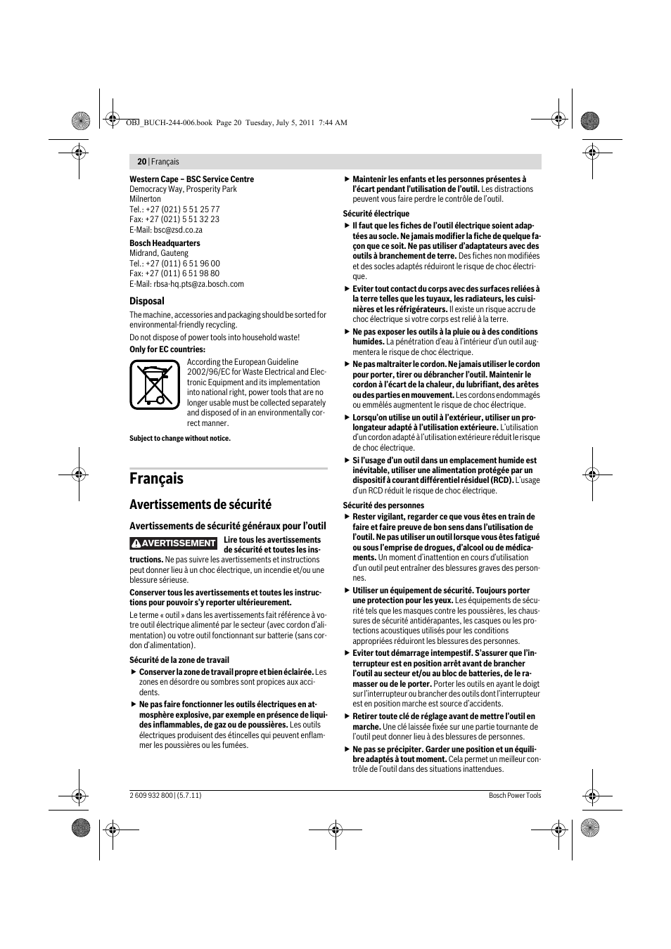 Français, Avertissements de sécurité | Bosch GKS Professional 55 User Manual | Page 20 / 213