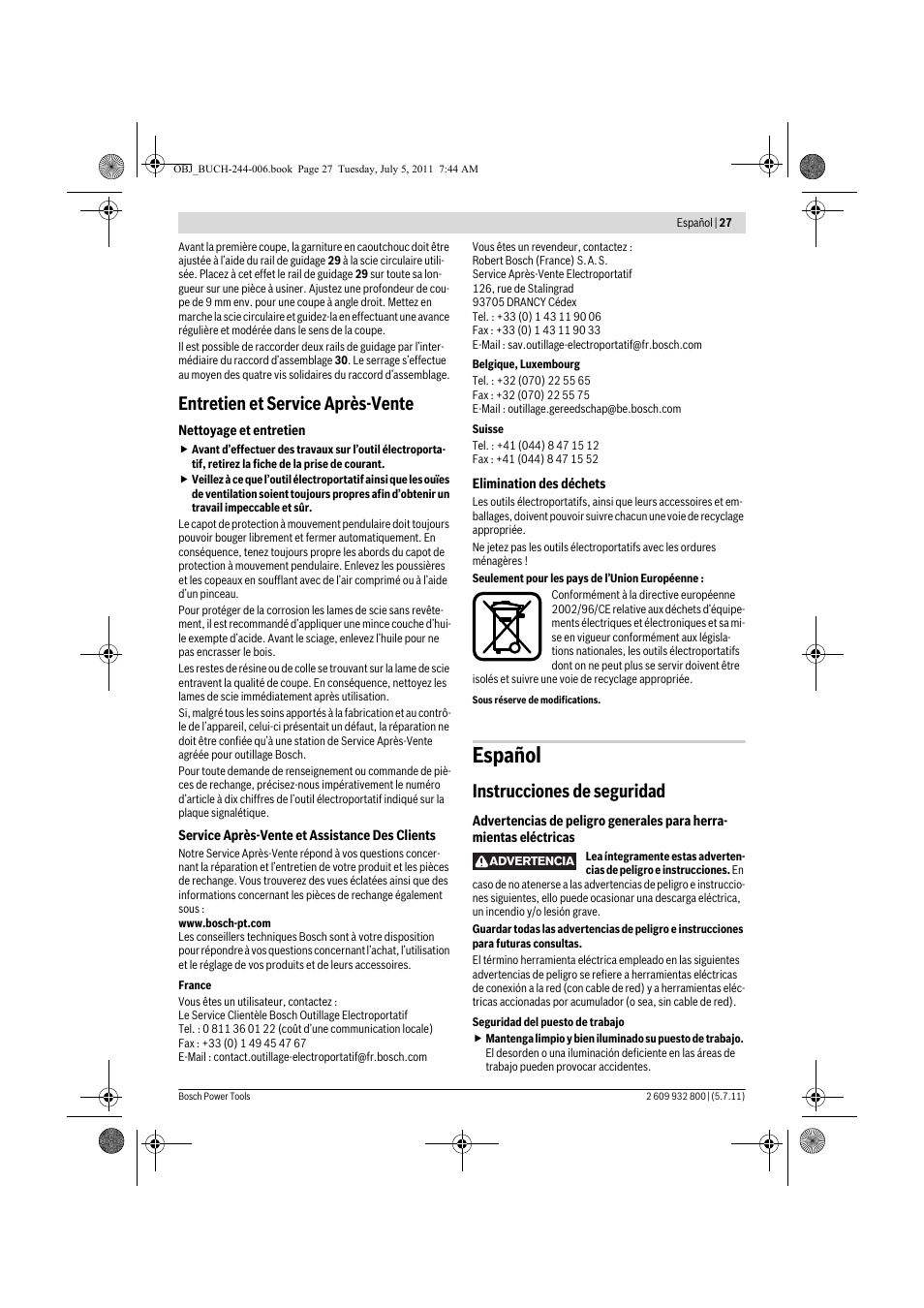 Español, Entretien et service après-vente, Instrucciones de seguridad | Bosch GKS Professional 55 User Manual | Page 27 / 213