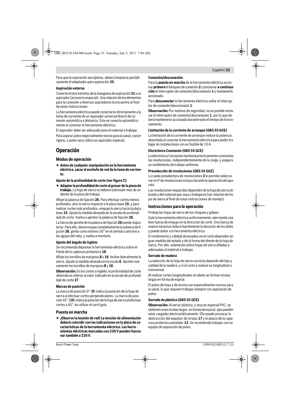 Operación | Bosch GKS Professional 55 User Manual | Page 33 / 213