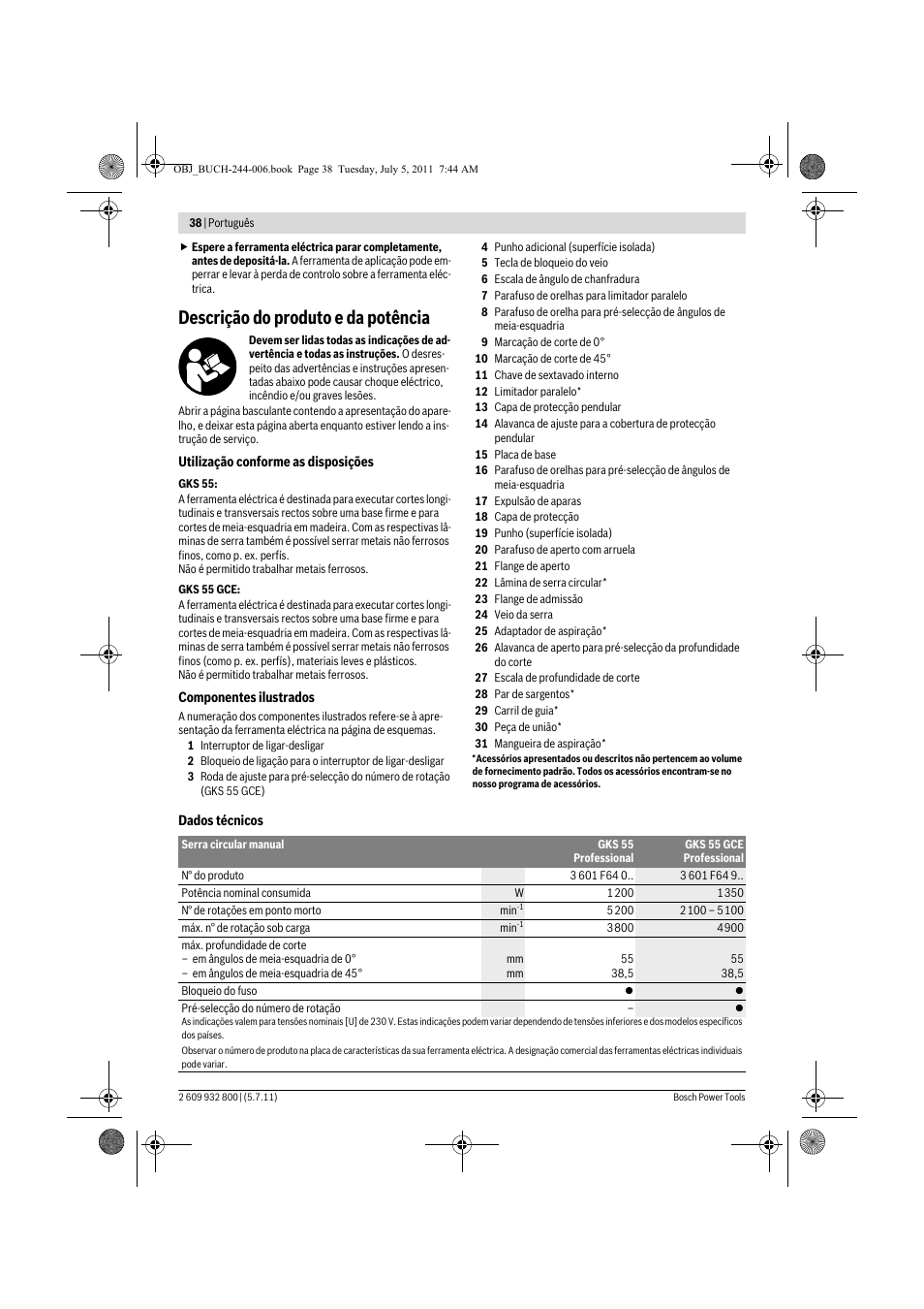 Descrição do produto e da potência | Bosch GKS Professional 55 User Manual | Page 38 / 213