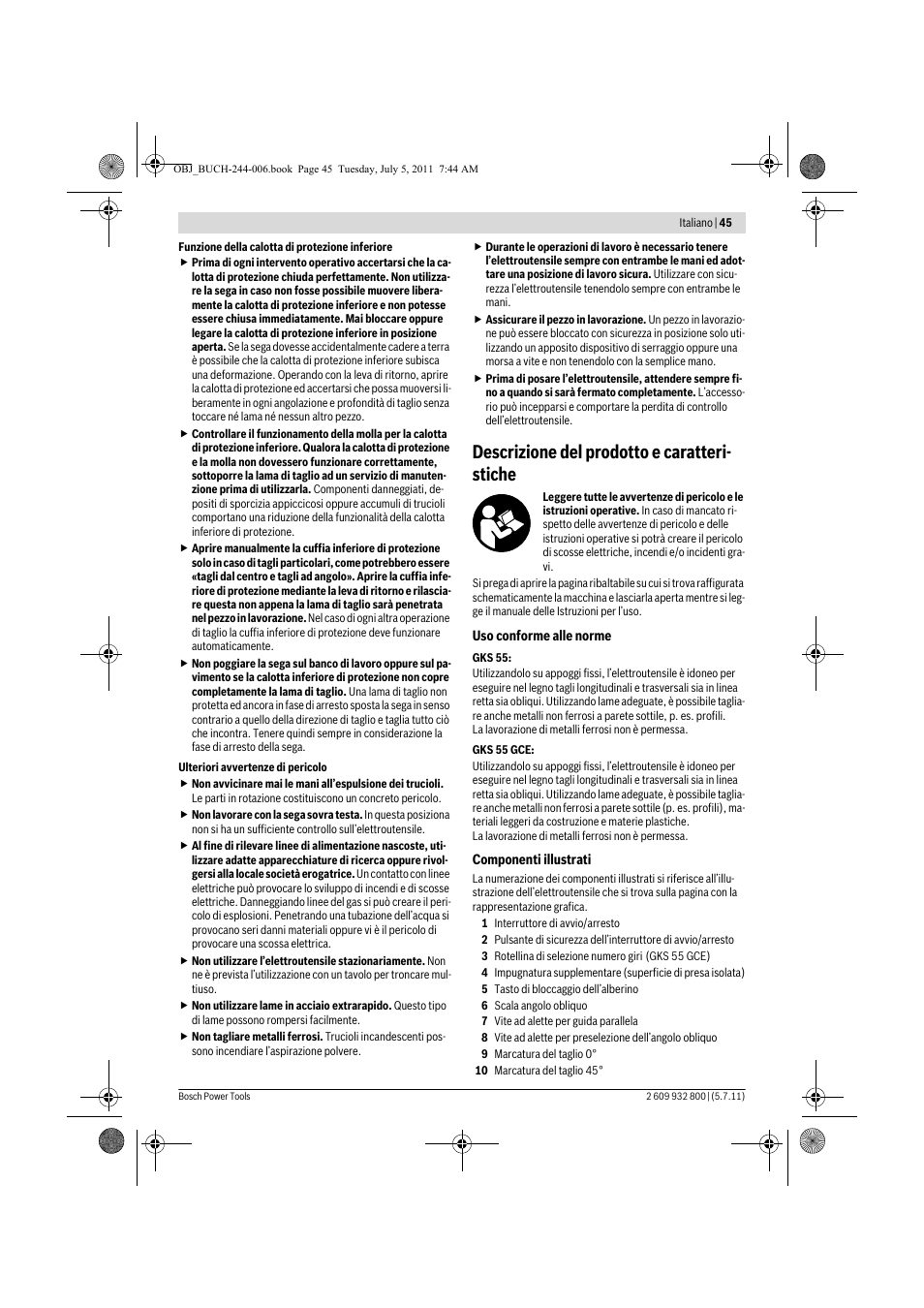 Descrizione del prodotto e caratteri- stiche | Bosch GKS Professional 55 User Manual | Page 45 / 213