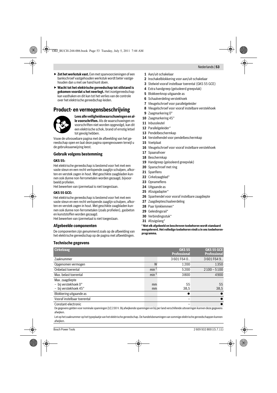 Product- en vermogensbeschrijving | Bosch GKS Professional 55 User Manual | Page 53 / 213