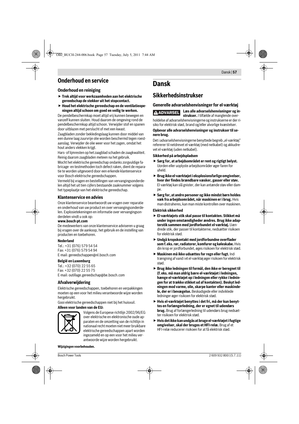 Dansk, Onderhoud en service, Sikkerhedsinstrukser | Bosch GKS Professional 55 User Manual | Page 57 / 213