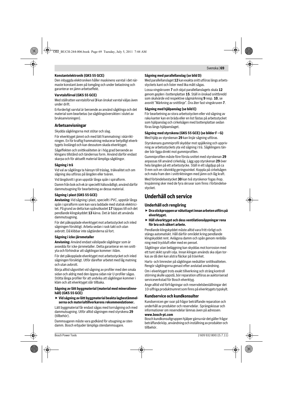 Underhåll och service | Bosch GKS Professional 55 User Manual | Page 69 / 213
