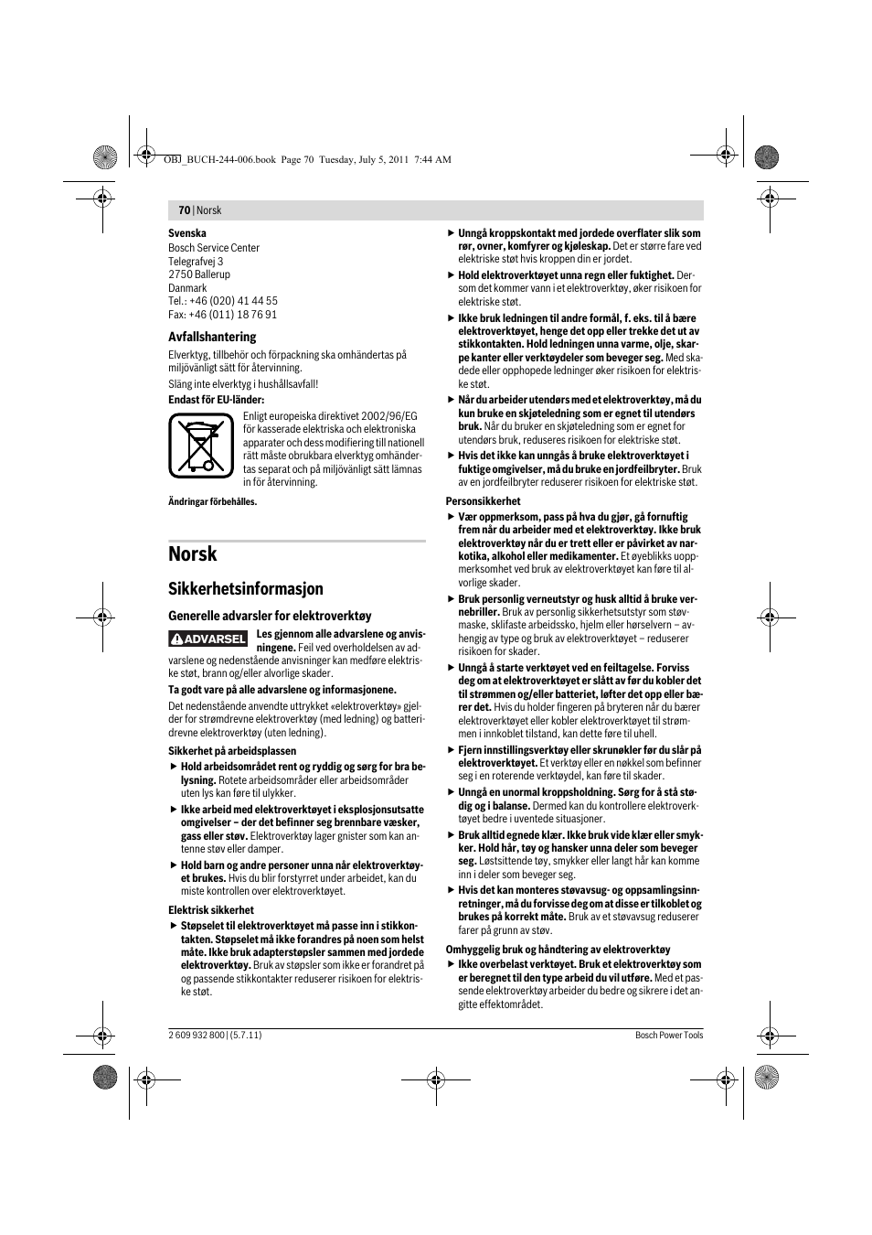 Norsk, Sikkerhetsinformasjon | Bosch GKS Professional 55 User Manual | Page 70 / 213