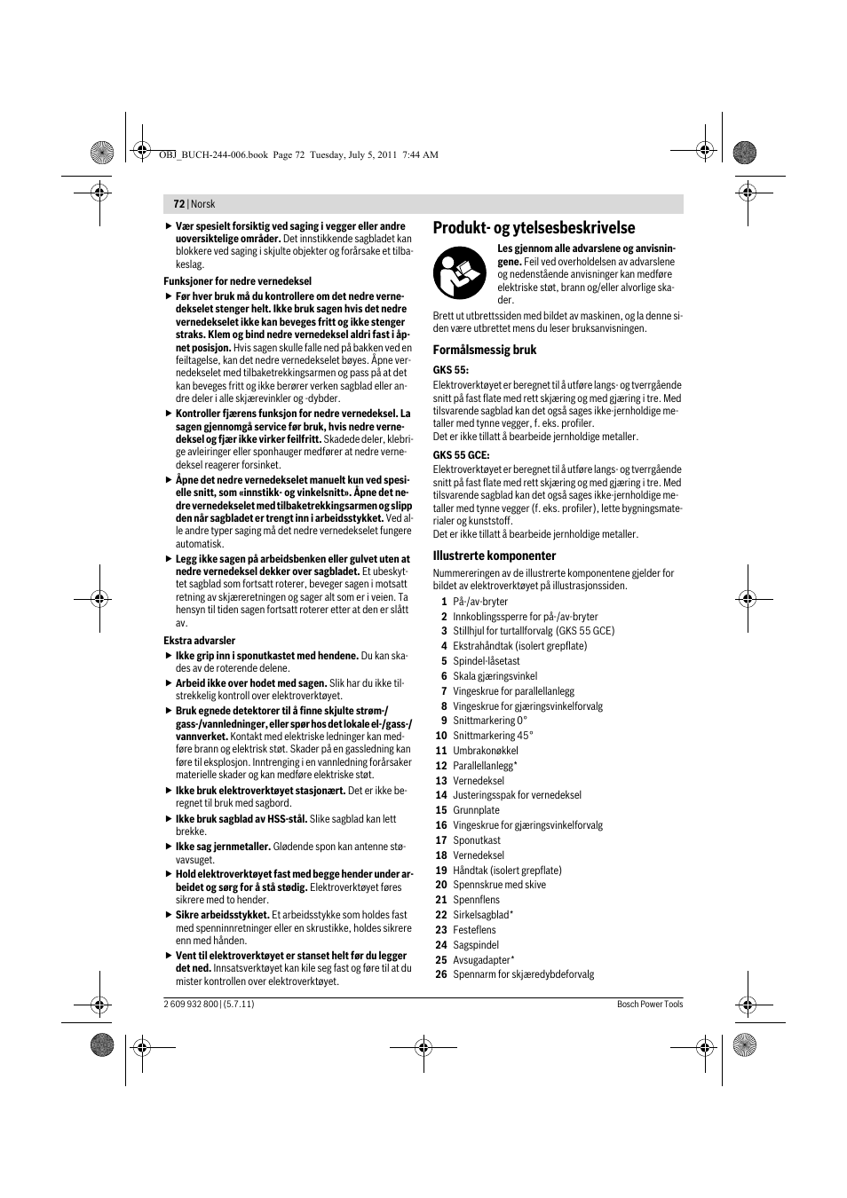 Produkt- og ytelsesbeskrivelse | Bosch GKS Professional 55 User Manual | Page 72 / 213