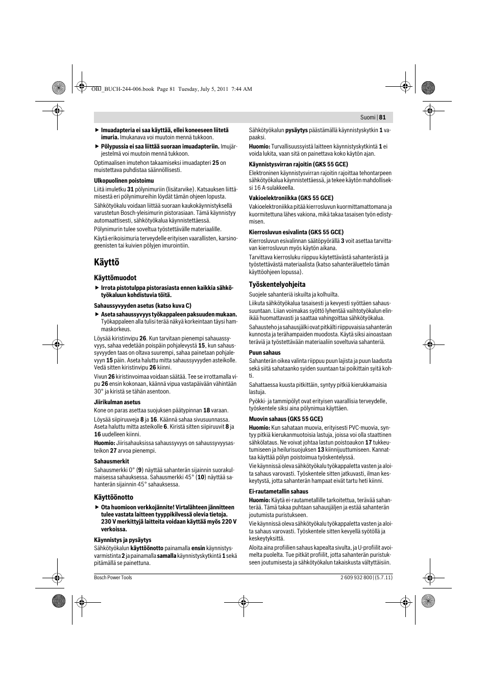Käyttö | Bosch GKS Professional 55 User Manual | Page 81 / 213