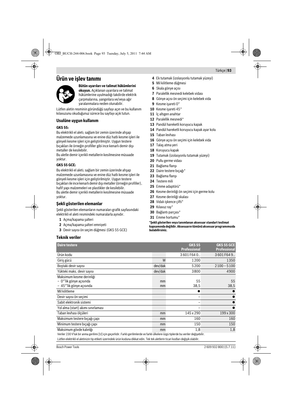 Ürün ve işlev tan m | Bosch GKS Professional 55 User Manual | Page 93 / 213