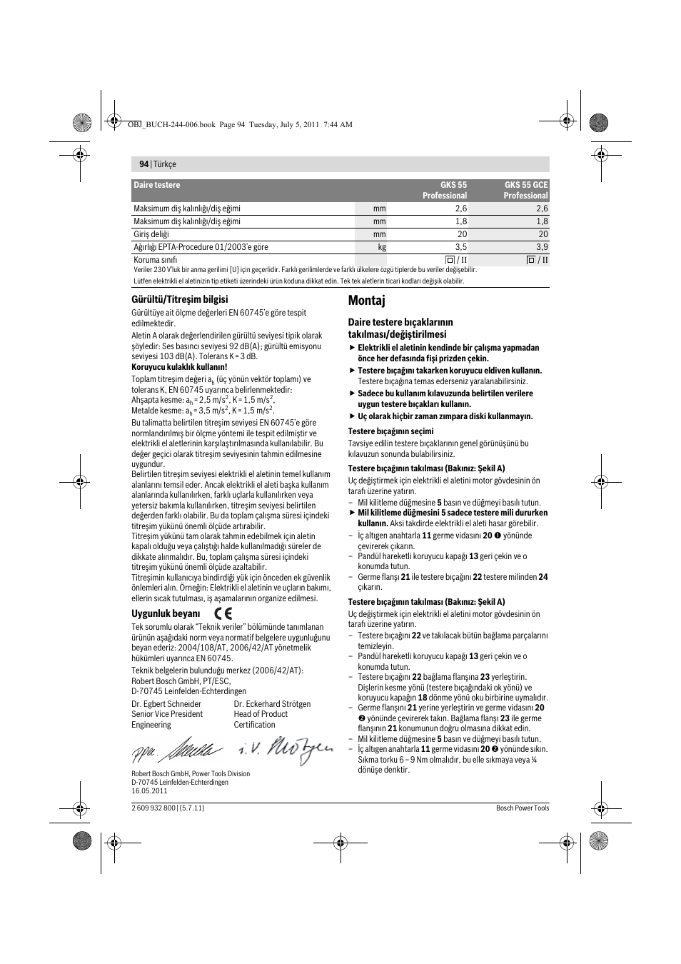 Montaj | Bosch GKS Professional 55 User Manual | Page 94 / 213