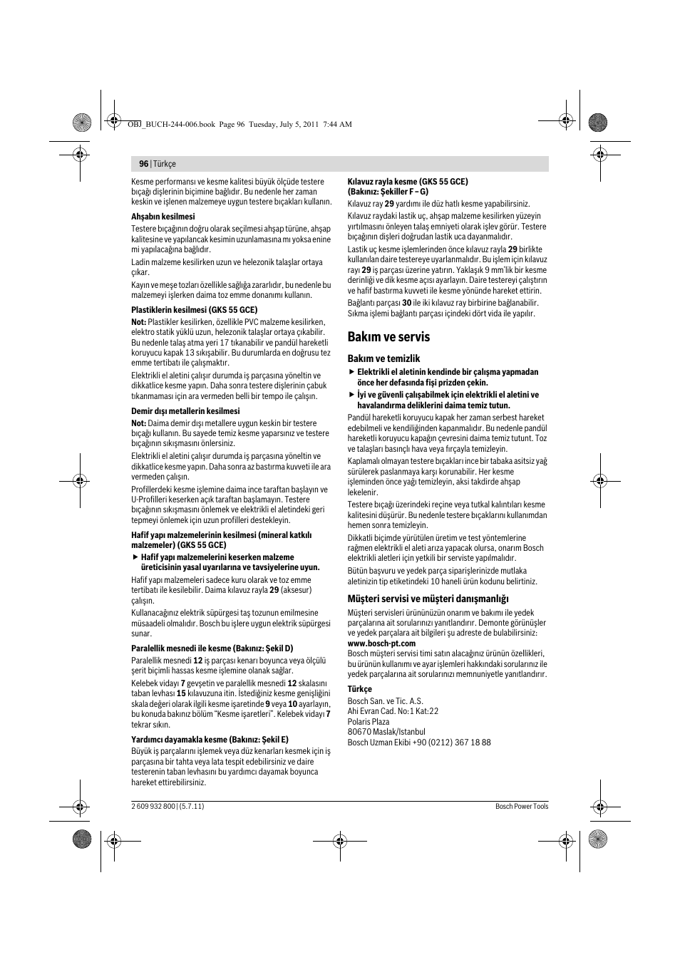 Bak m ve servis | Bosch GKS Professional 55 User Manual | Page 96 / 213