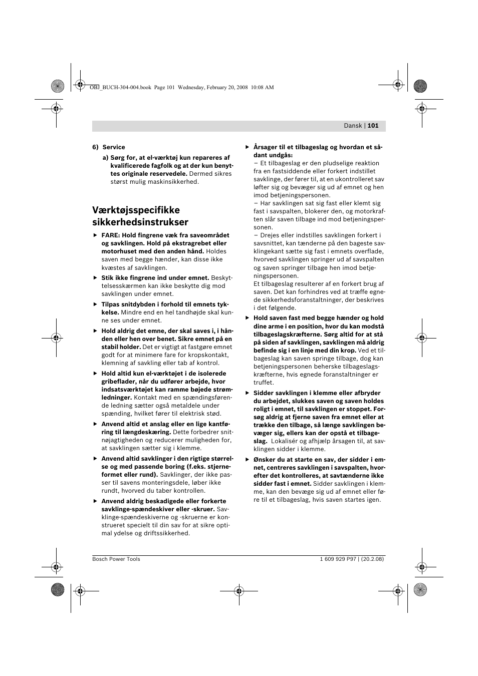 Værktøjsspecifikke sikkerhedsinstrukser | Bosch GKS 36 V-LI Professional User Manual | Page 101 / 349