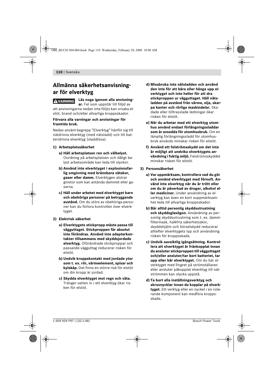 Allmänna säkerhetsanvisning- ar för elverktyg | Bosch GKS 36 V-LI Professional User Manual | Page 110 / 349