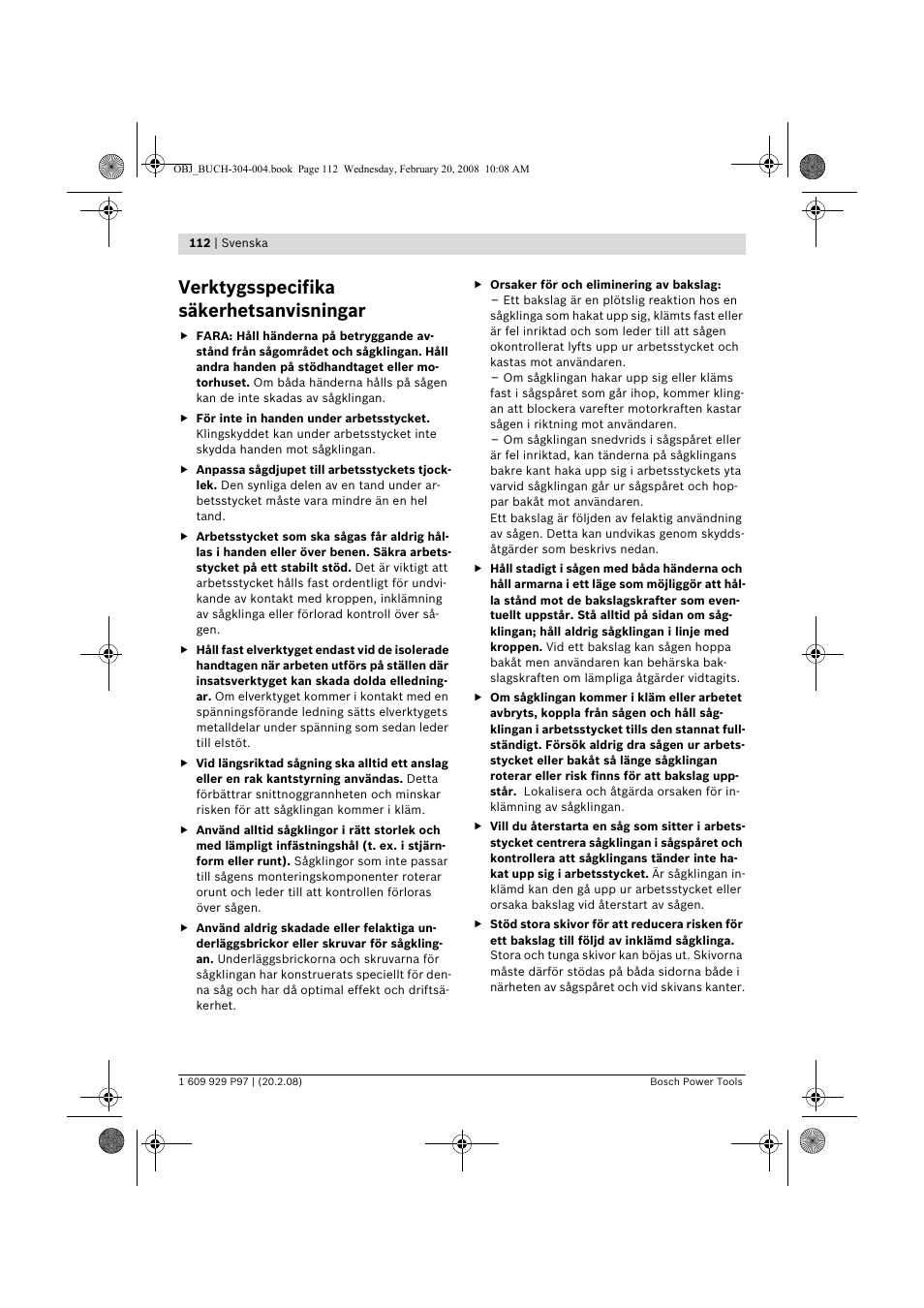 Verktygsspecifika säkerhetsanvisningar | Bosch GKS 36 V-LI Professional User Manual | Page 112 / 349