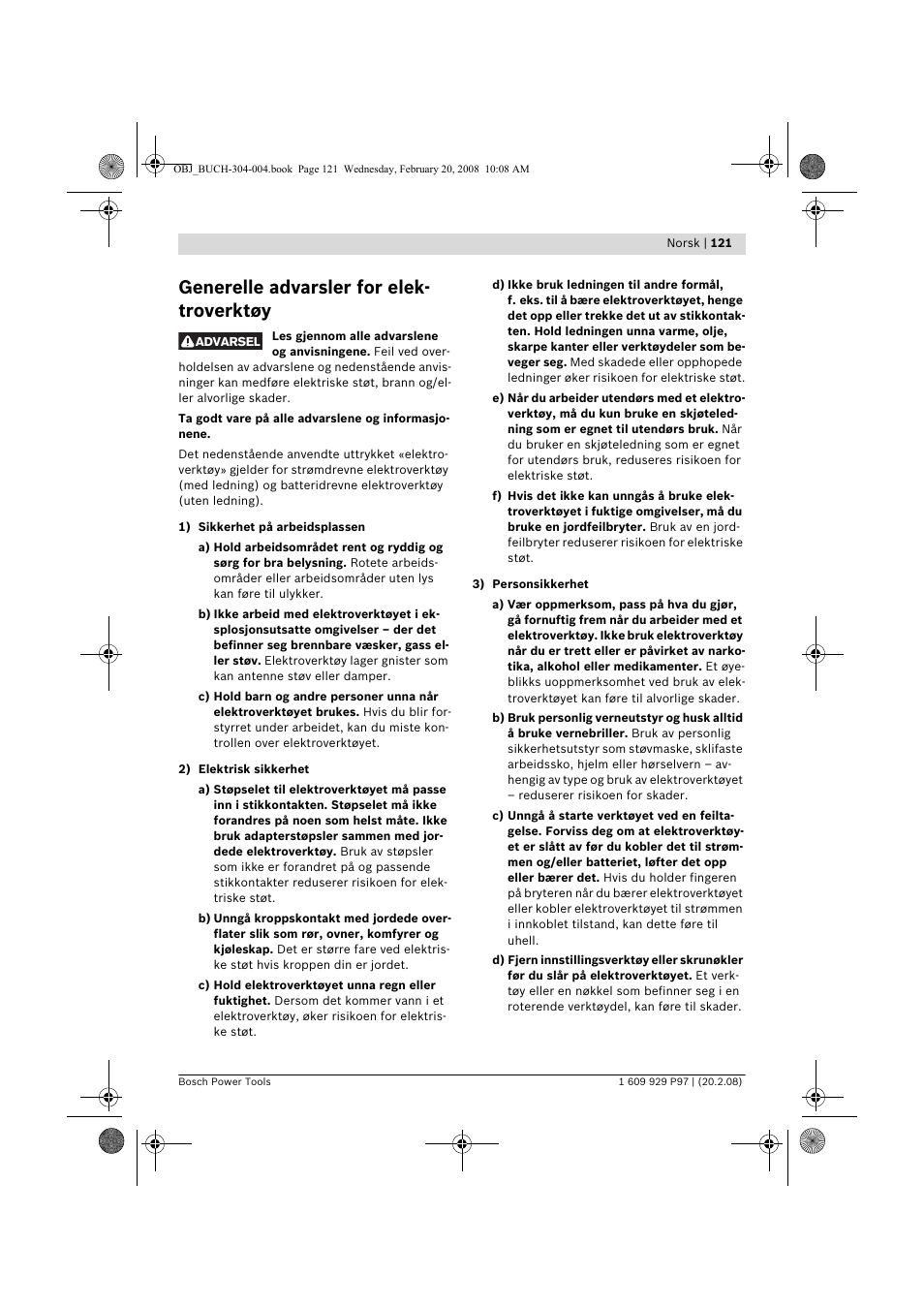 Generelle advarsler for elek- troverktøy | Bosch GKS 36 V-LI Professional User Manual | Page 121 / 349