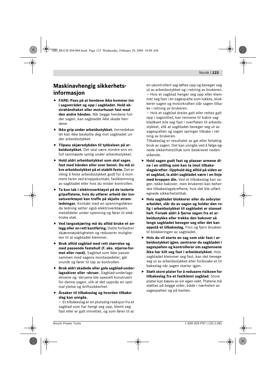 Maskinavhengig sikkerhets- informasjon | Bosch GKS 36 V-LI Professional User Manual | Page 123 / 349