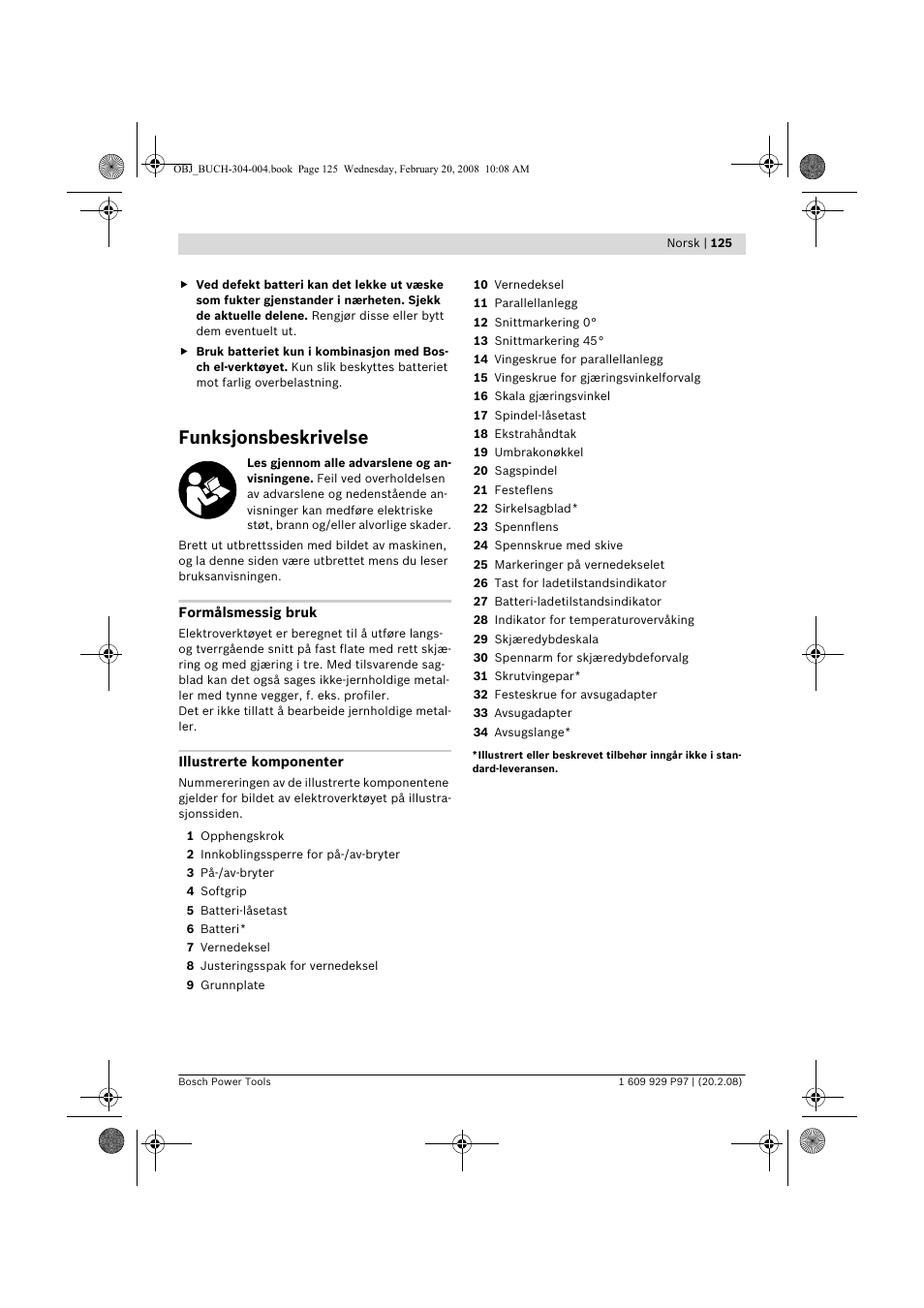 Funksjonsbeskrivelse | Bosch GKS 36 V-LI Professional User Manual | Page 125 / 349