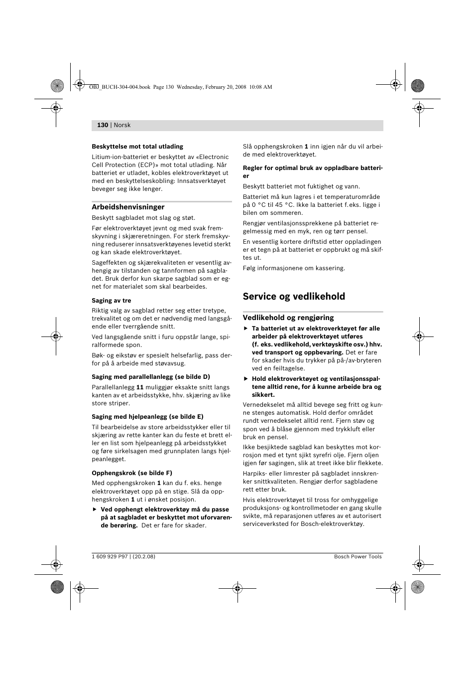 Service og vedlikehold | Bosch GKS 36 V-LI Professional User Manual | Page 130 / 349