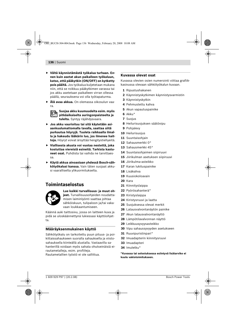 Toimintaselostus | Bosch GKS 36 V-LI Professional User Manual | Page 136 / 349