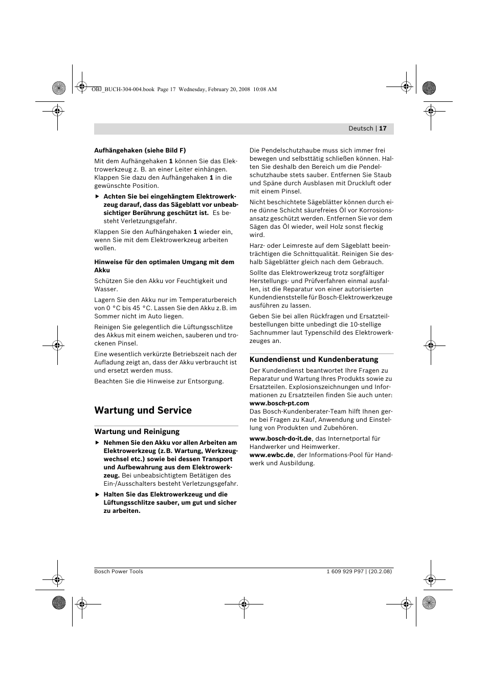 Wartung und service | Bosch GKS 36 V-LI Professional User Manual | Page 17 / 349