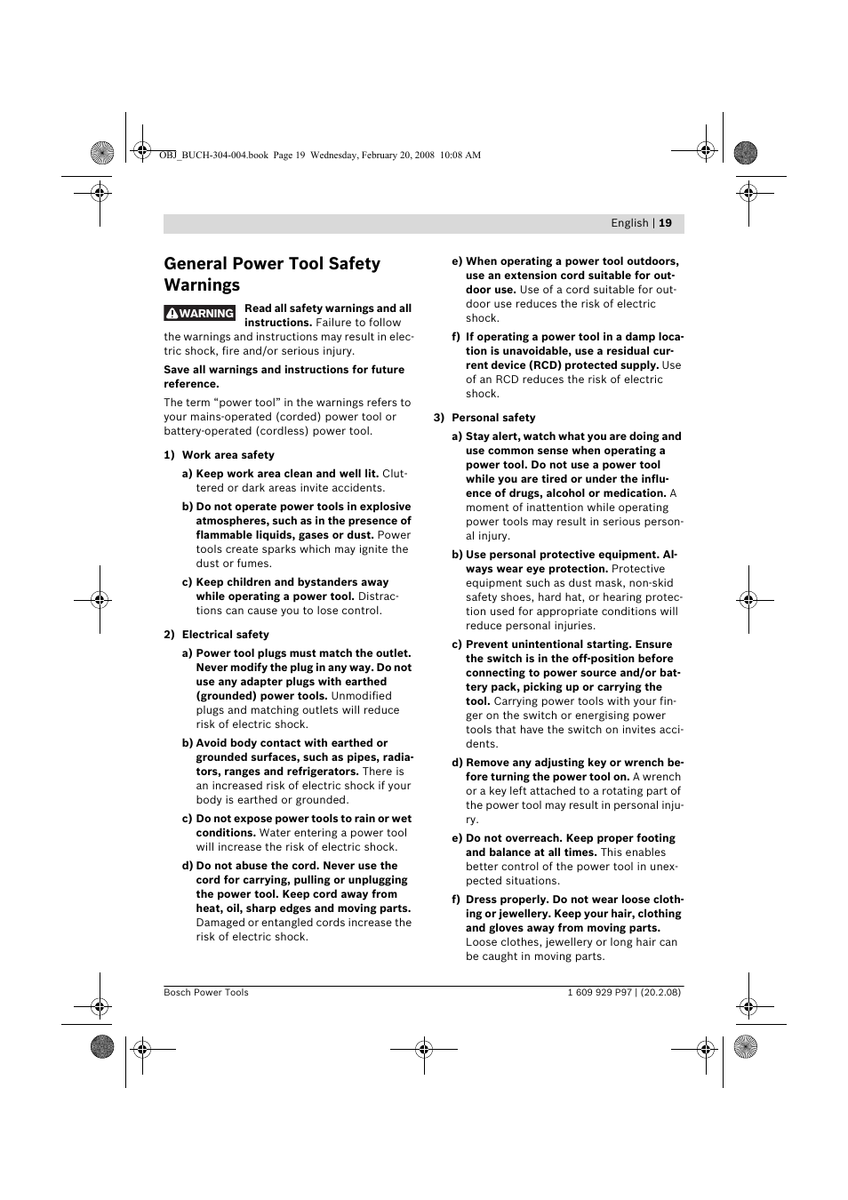 General power tool safety warnings | Bosch GKS 36 V-LI Professional User Manual | Page 19 / 349