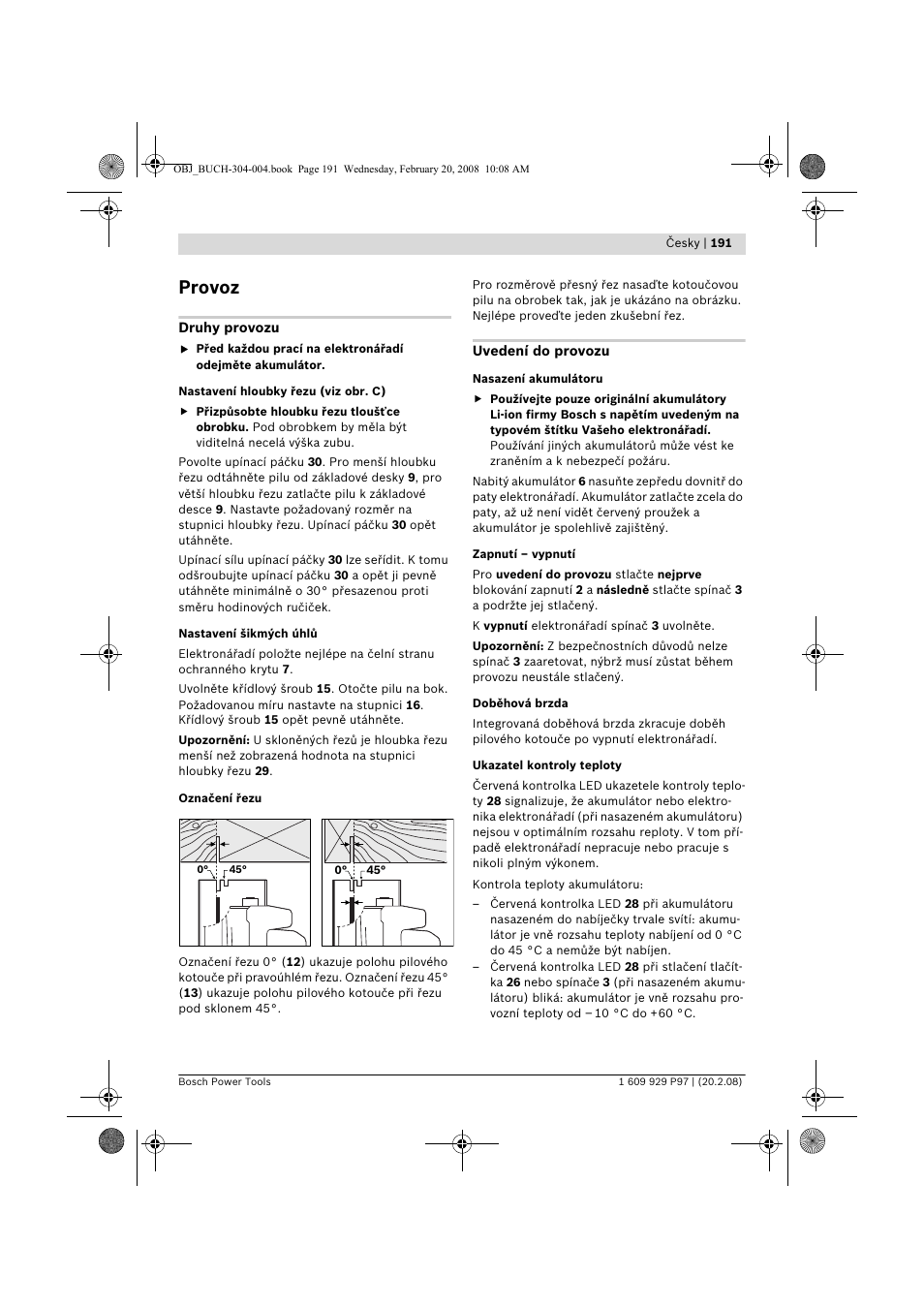 Provoz | Bosch GKS 36 V-LI Professional User Manual | Page 191 / 349