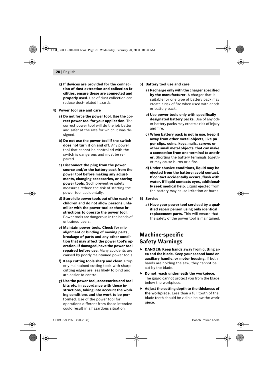 Machine-specific safety warnings | Bosch GKS 36 V-LI Professional User Manual | Page 20 / 349