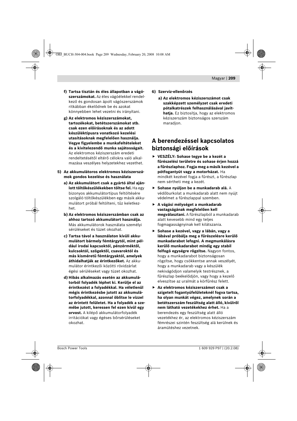 A berendezéssel kapcsolatos biztonsági előírások | Bosch GKS 36 V-LI Professional User Manual | Page 209 / 349