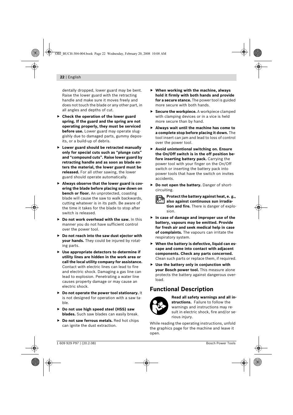 Functional description | Bosch GKS 36 V-LI Professional User Manual | Page 22 / 349