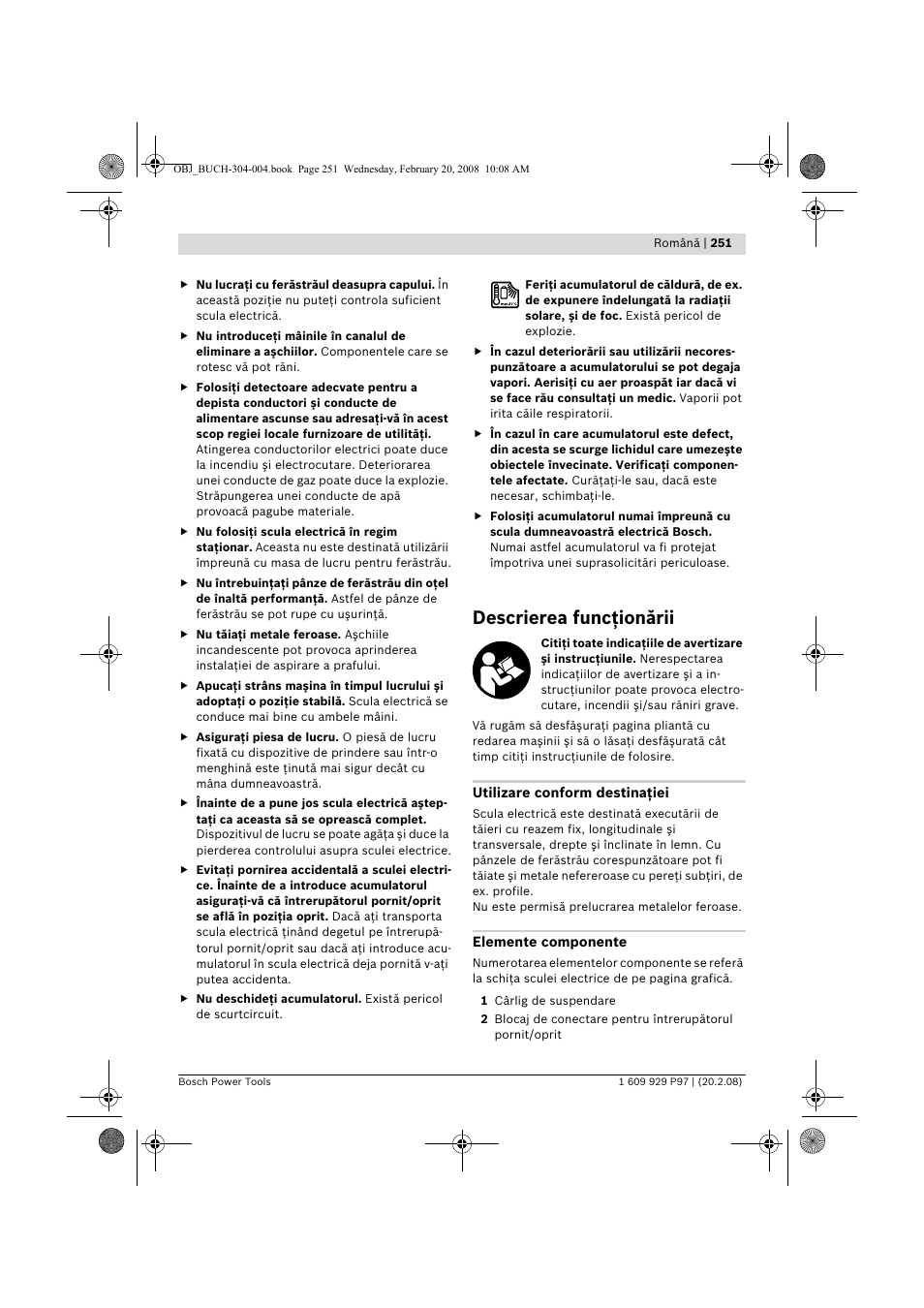 Descrierea funcţionării | Bosch GKS 36 V-LI Professional User Manual | Page 251 / 349