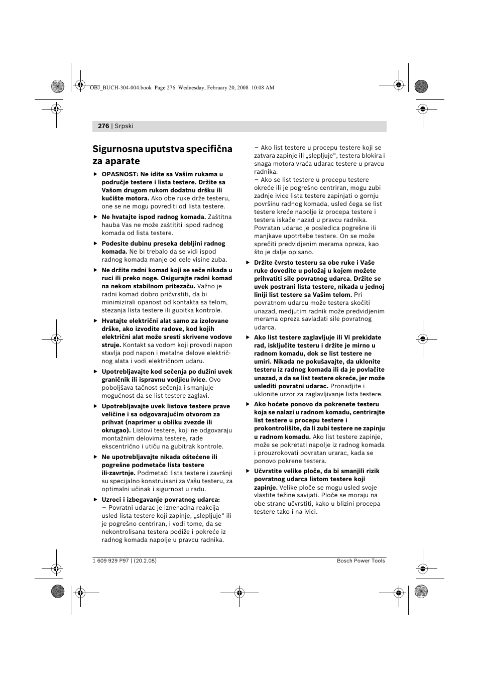 Sigurnosna uputstva specifična za aparate | Bosch GKS 36 V-LI Professional User Manual | Page 276 / 349