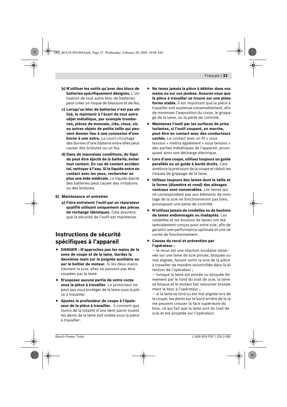 Instructions de sécurité spécifiques à l’appareil | Bosch GKS 36 V-LI Professional User Manual | Page 33 / 349