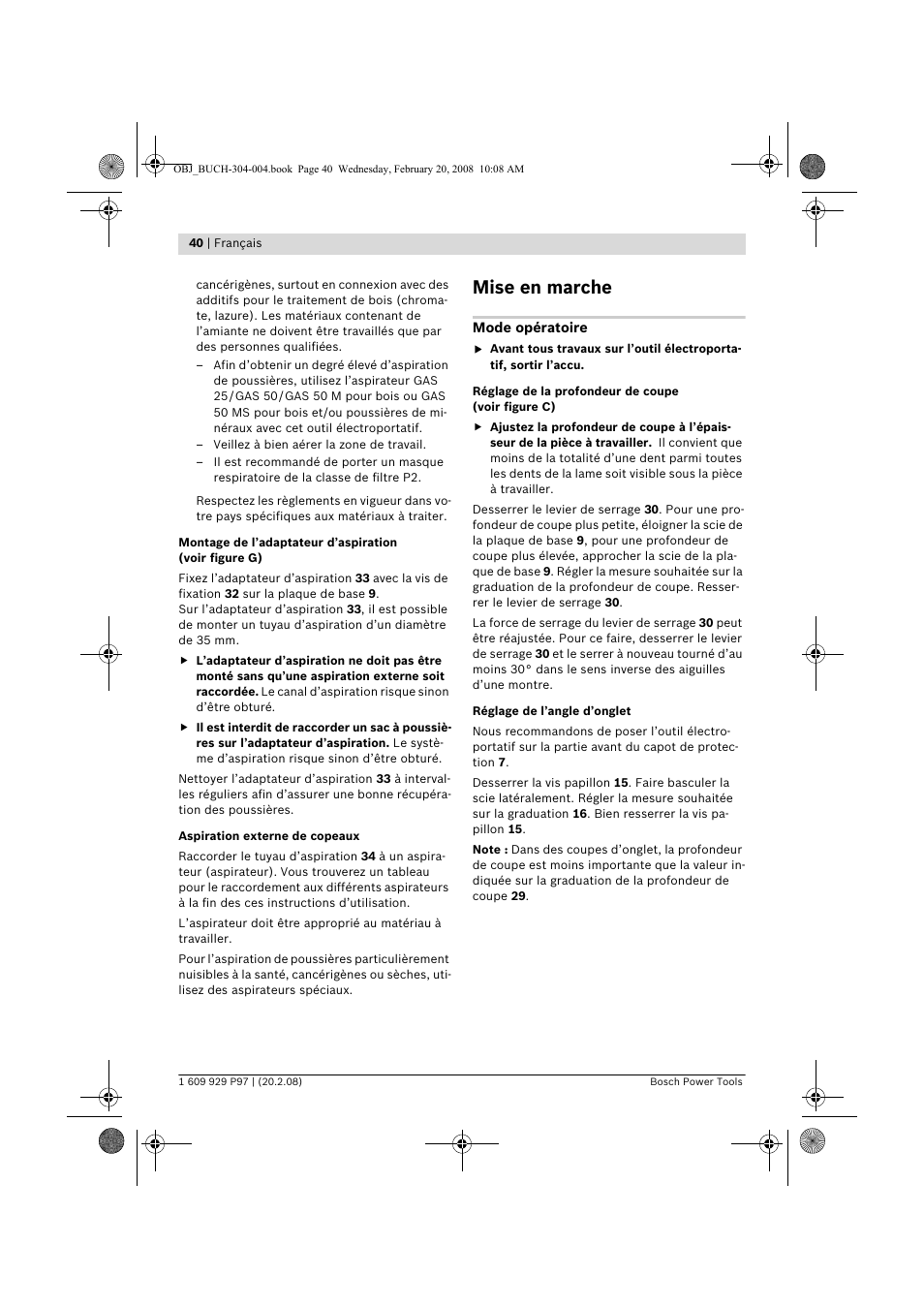 Mise en marche | Bosch GKS 36 V-LI Professional User Manual | Page 40 / 349