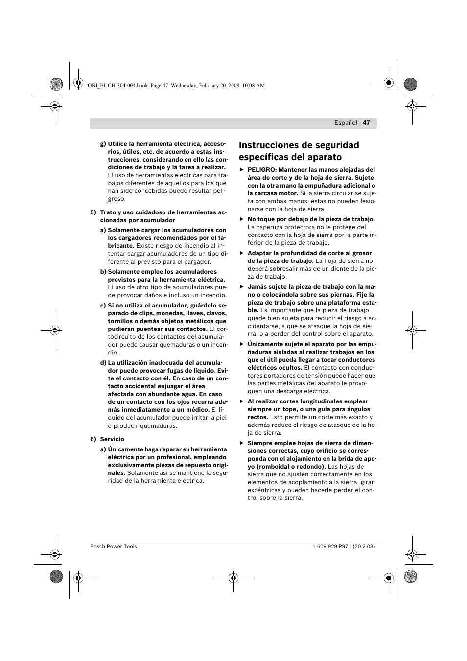 Instrucciones de seguridad específicas del aparato | Bosch GKS 36 V-LI Professional User Manual | Page 47 / 349