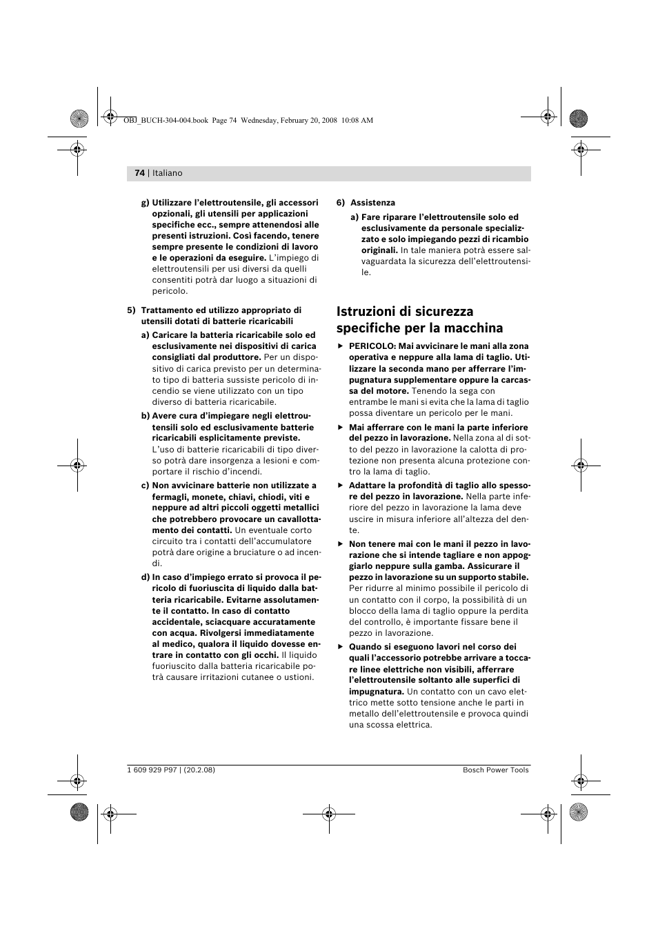 Istruzioni di sicurezza specifiche per la macchina | Bosch GKS 36 V-LI Professional User Manual | Page 74 / 349