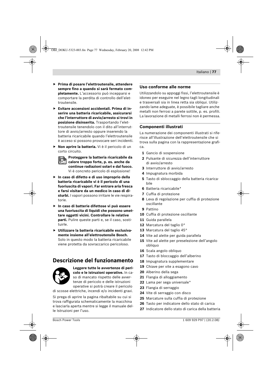 Descrizione del funzionamento | Bosch GKS 36 V-LI Professional User Manual | Page 77 / 349