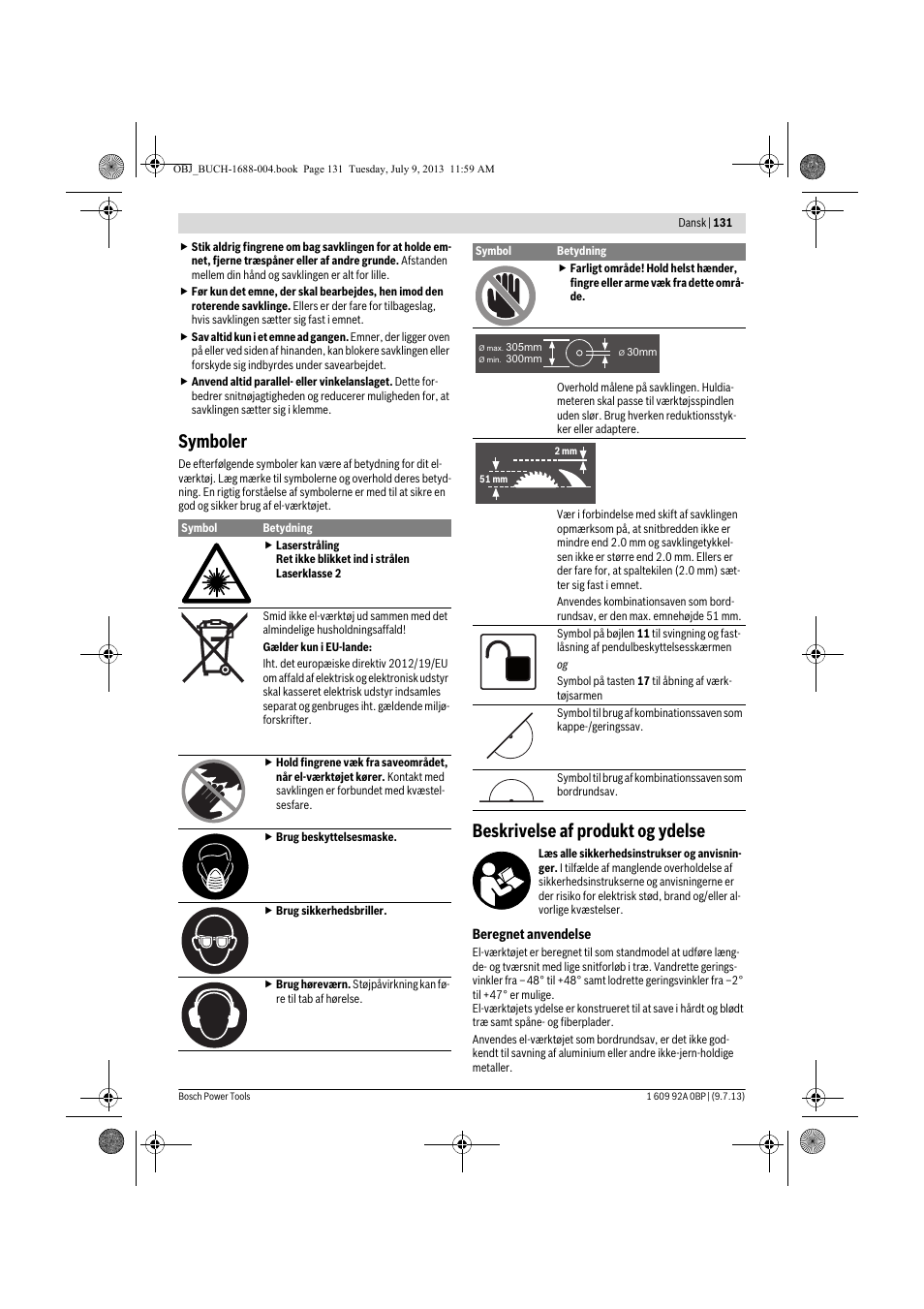 Symboler, Beskrivelse af produkt og ydelse | Bosch GTM 12 JL Professional User Manual | Page 131 / 485