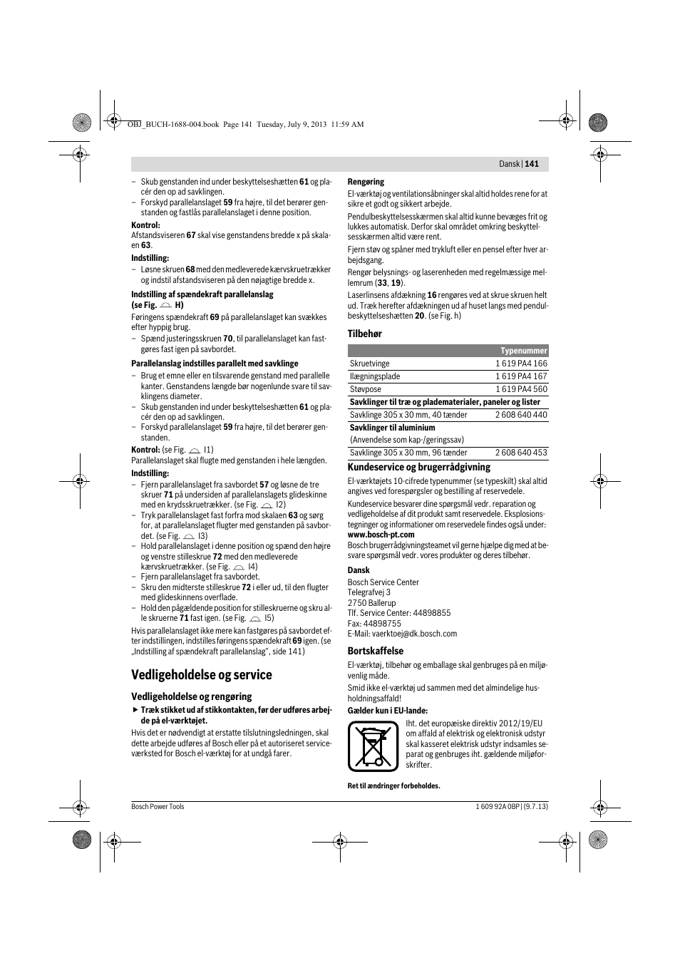 Vedligeholdelse og service | Bosch GTM 12 JL Professional User Manual | Page 141 / 485