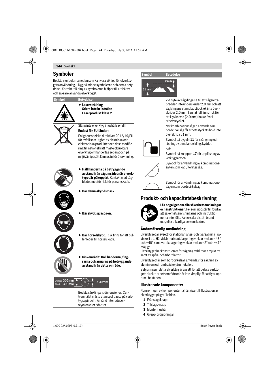 Symboler, Produkt- och kapacitetsbeskrivning | Bosch GTM 12 JL Professional User Manual | Page 144 / 485