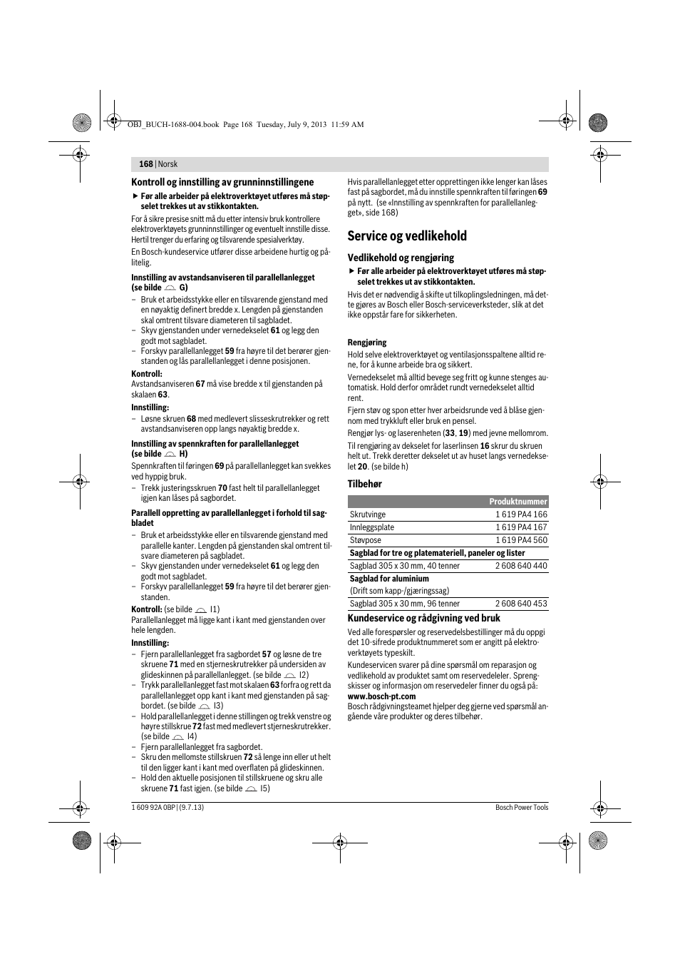 Service og vedlikehold | Bosch GTM 12 JL Professional User Manual | Page 168 / 485