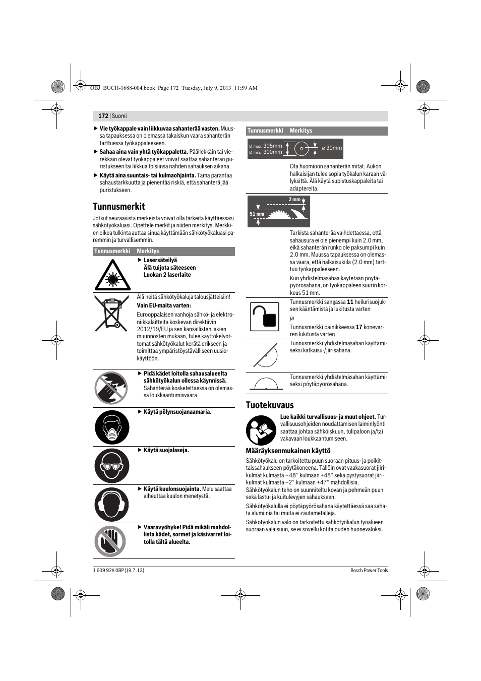 Tunnusmerkit, Tuotekuvaus | Bosch GTM 12 JL Professional User Manual | Page 172 / 485