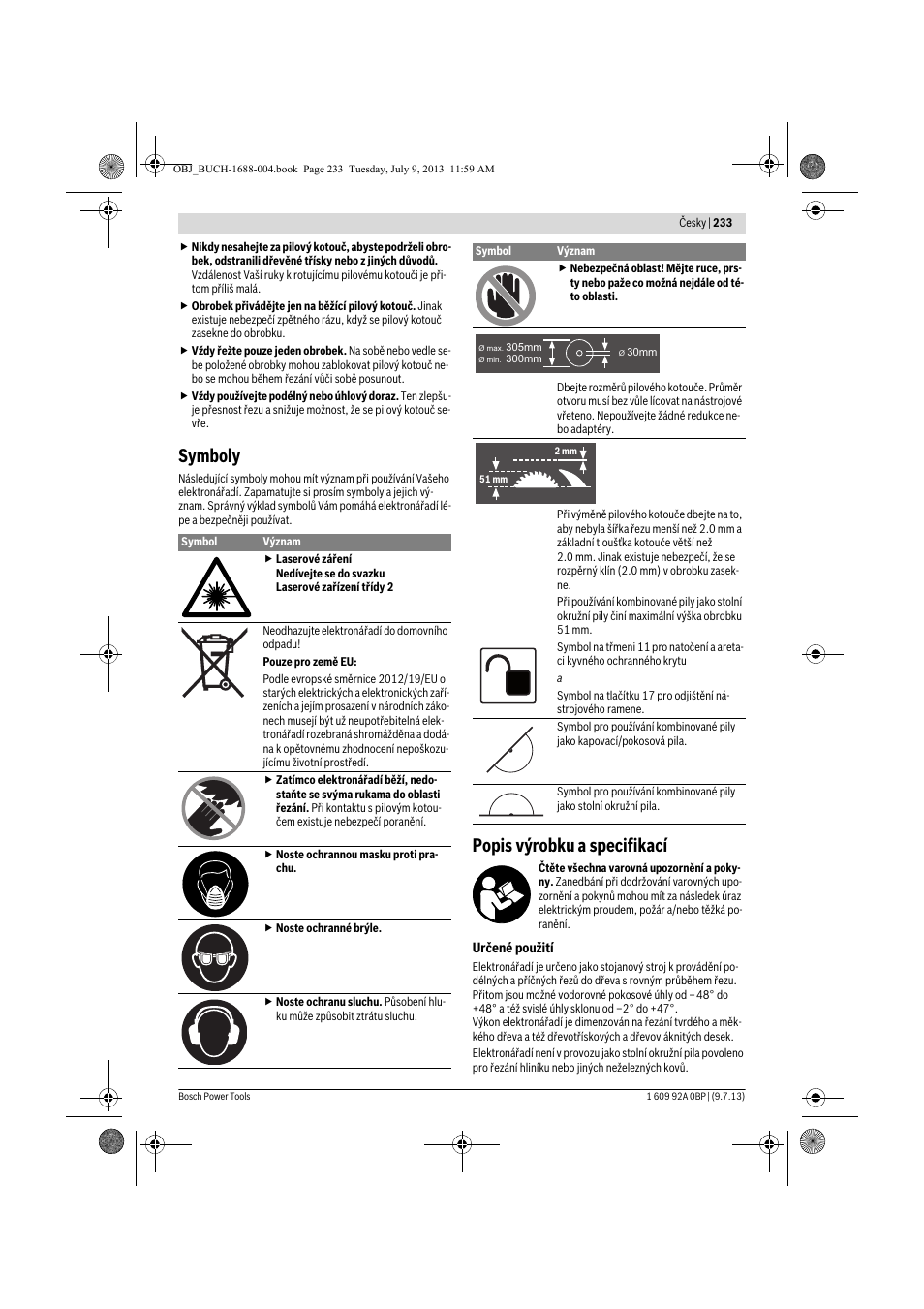 Symboly, Popis výrobku a specifikací | Bosch GTM 12 JL Professional User Manual | Page 233 / 485