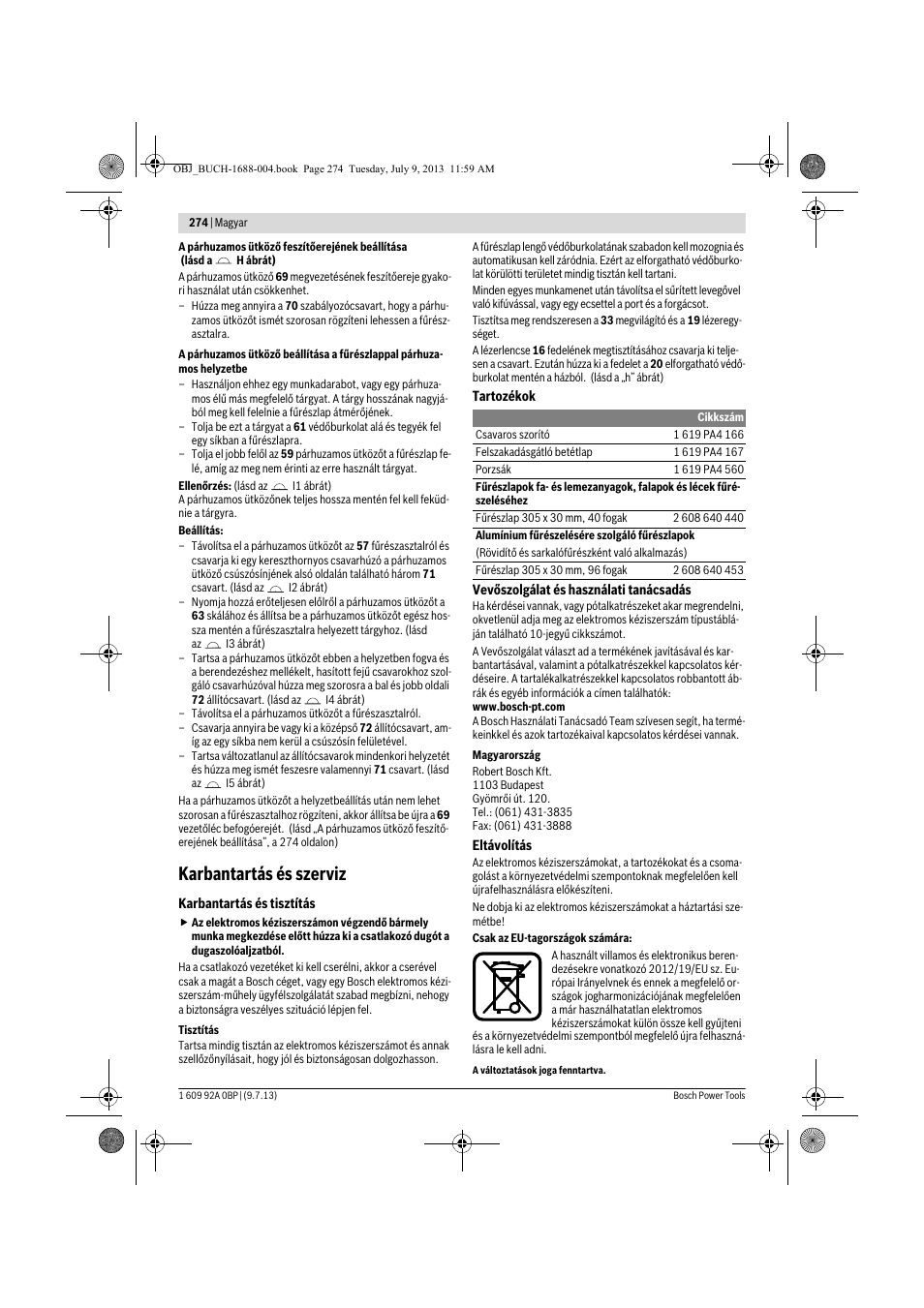 Karbantartás és szerviz | Bosch GTM 12 JL Professional User Manual | Page 274 / 485