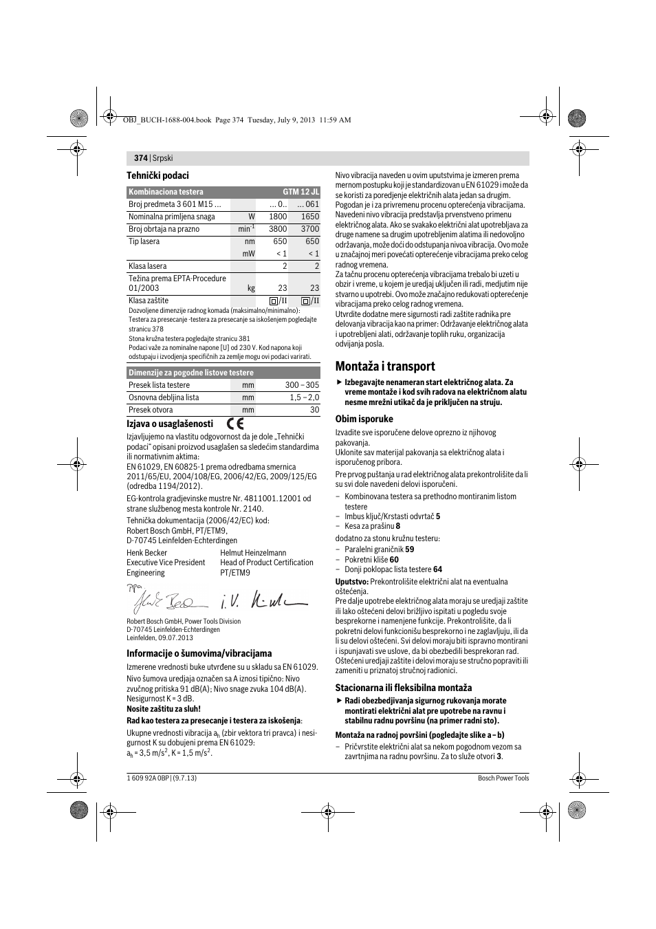 Montaža i transport | Bosch GTM 12 JL Professional User Manual | Page 374 / 485