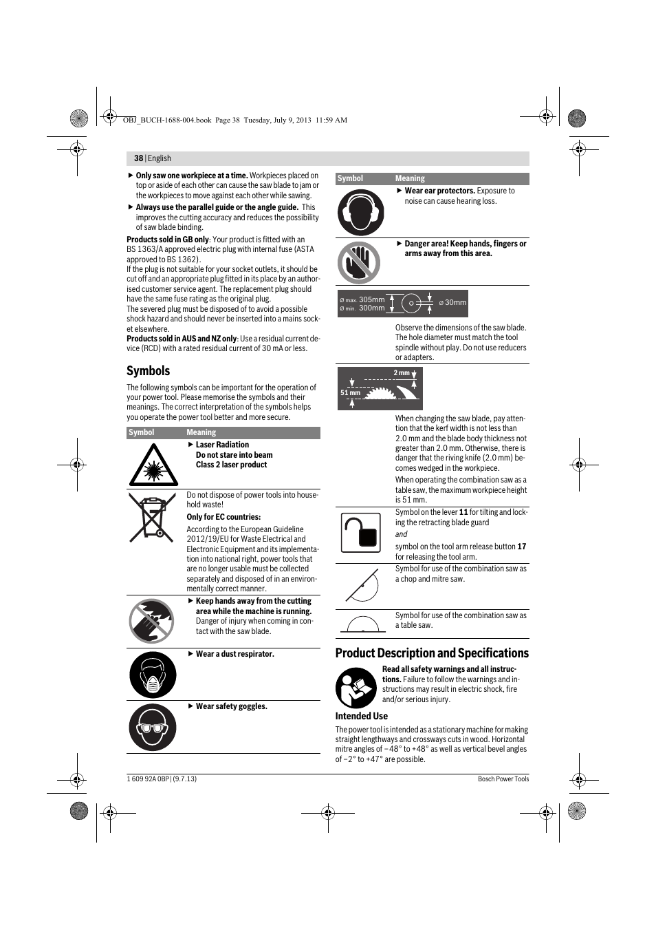 Symbols, Product description and specifications | Bosch GTM 12 JL Professional User Manual | Page 38 / 485